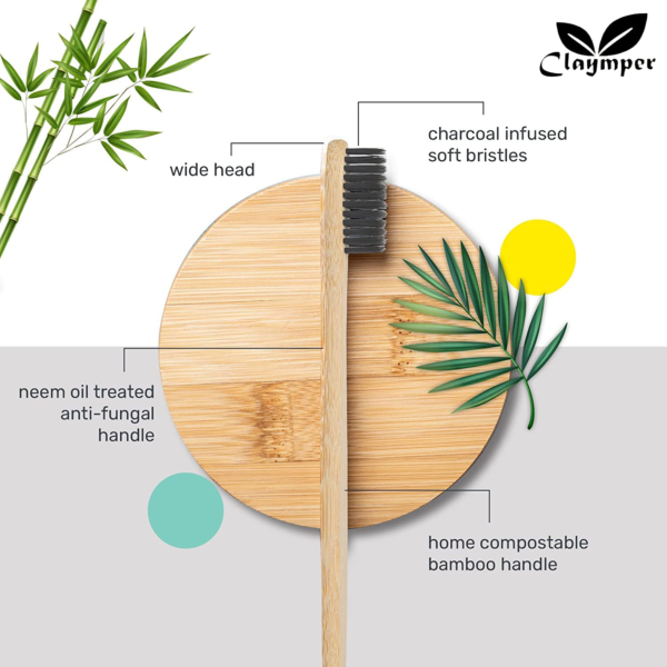 Claymper Bamboo Toothbrush With Charcoal Activated Soft Bristles - Pack Of 4 - Image 3