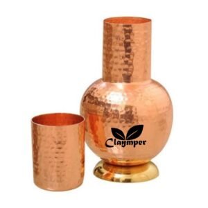 Claymper Shahi Copper Surahi/Bedroom Copper Bottle with Inbuilt Glass, Hammered, 100% Joint Free - 700 ML, Brown